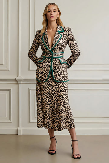 Coffee Leopard Notched Lapel 2 Piece Long Women Formal Suits